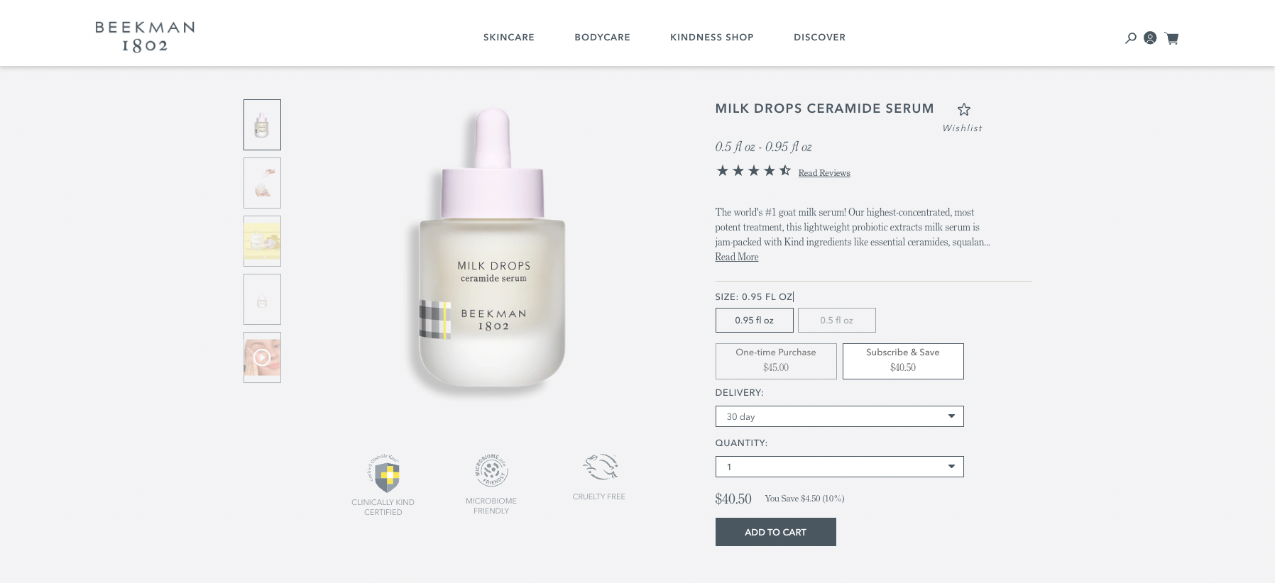 A screenshot of the MILK DROPS CERAMIDE SERUM product page on Beekman 1802 that offers a subscription option