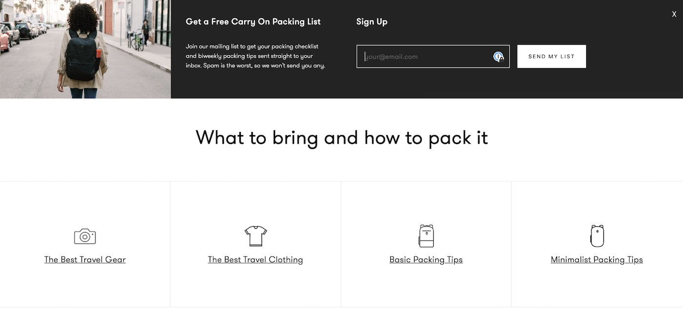 Tortuga backpacks offers a downloadable packing guide for email list subscribers