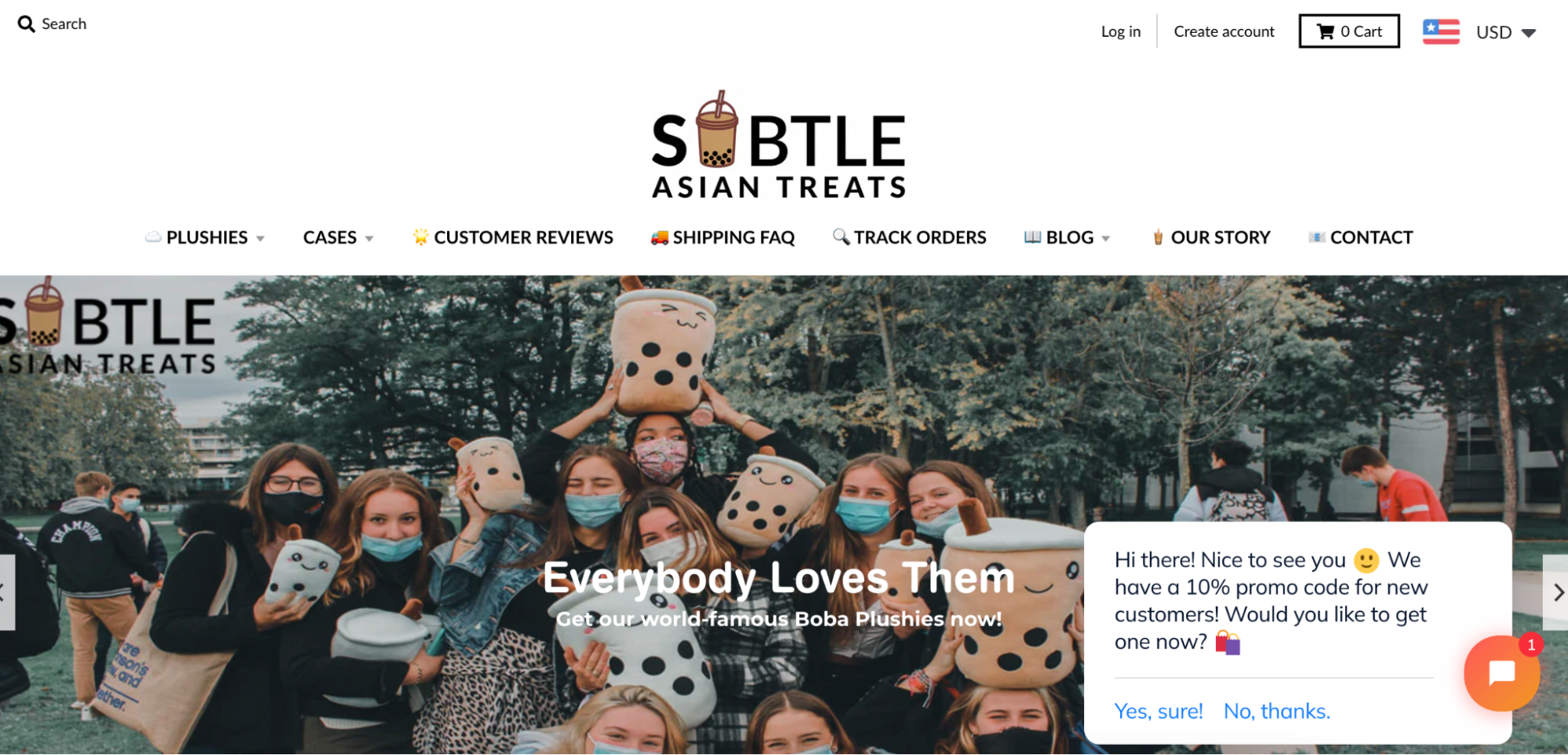 The homepage of Subtle, which sells Boba plushies and other novelty items online.