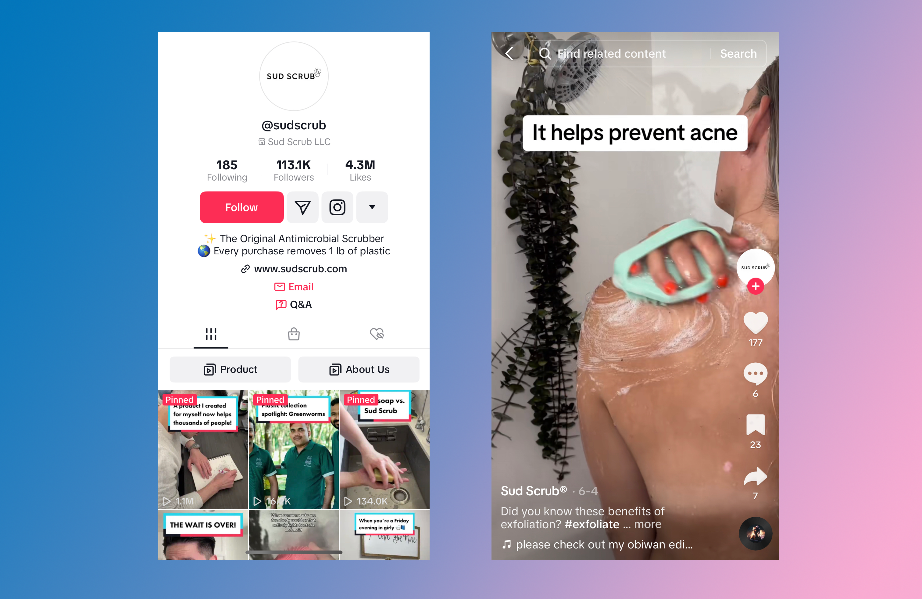 Side by side mobile screens showing a TikTok marketing example by Suds Scrub