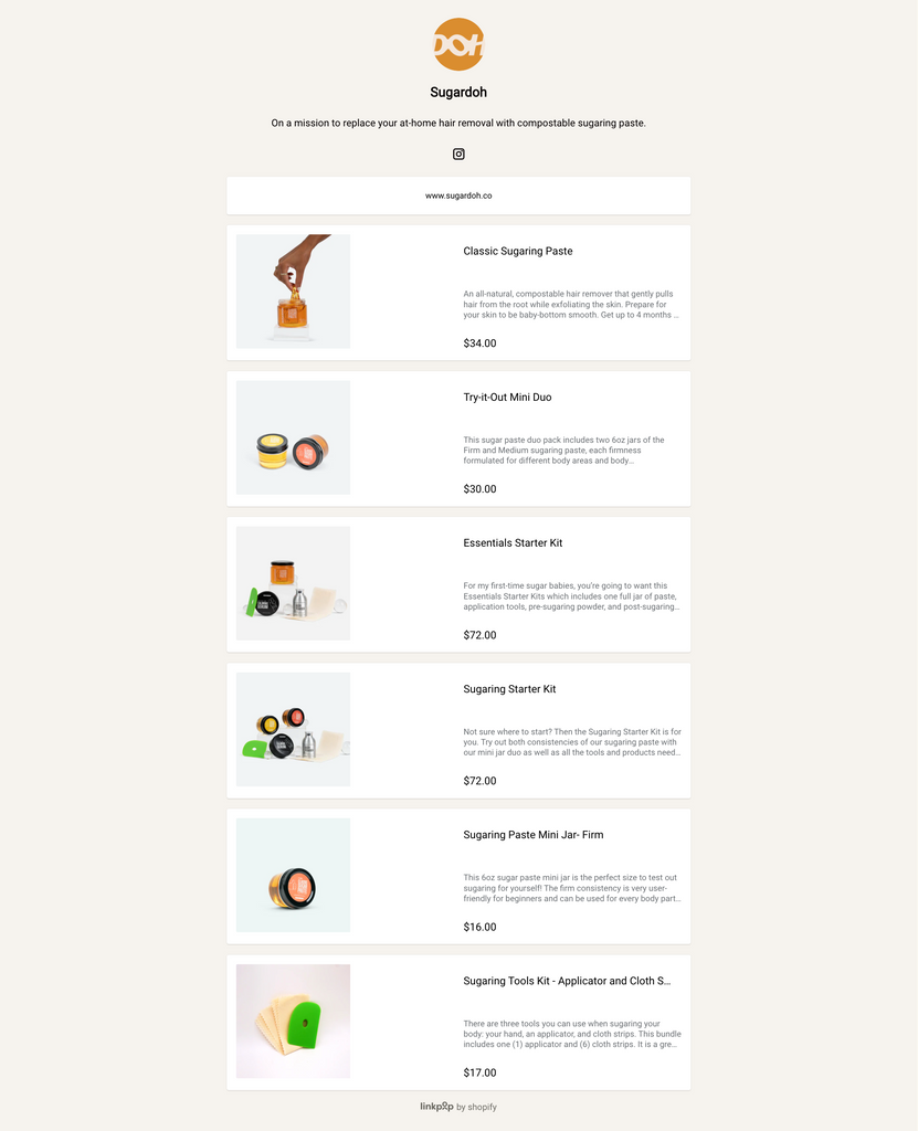 Das "Link-in-Bio"-Tool Linkpop von Shopify: Beispiel Sugardoh