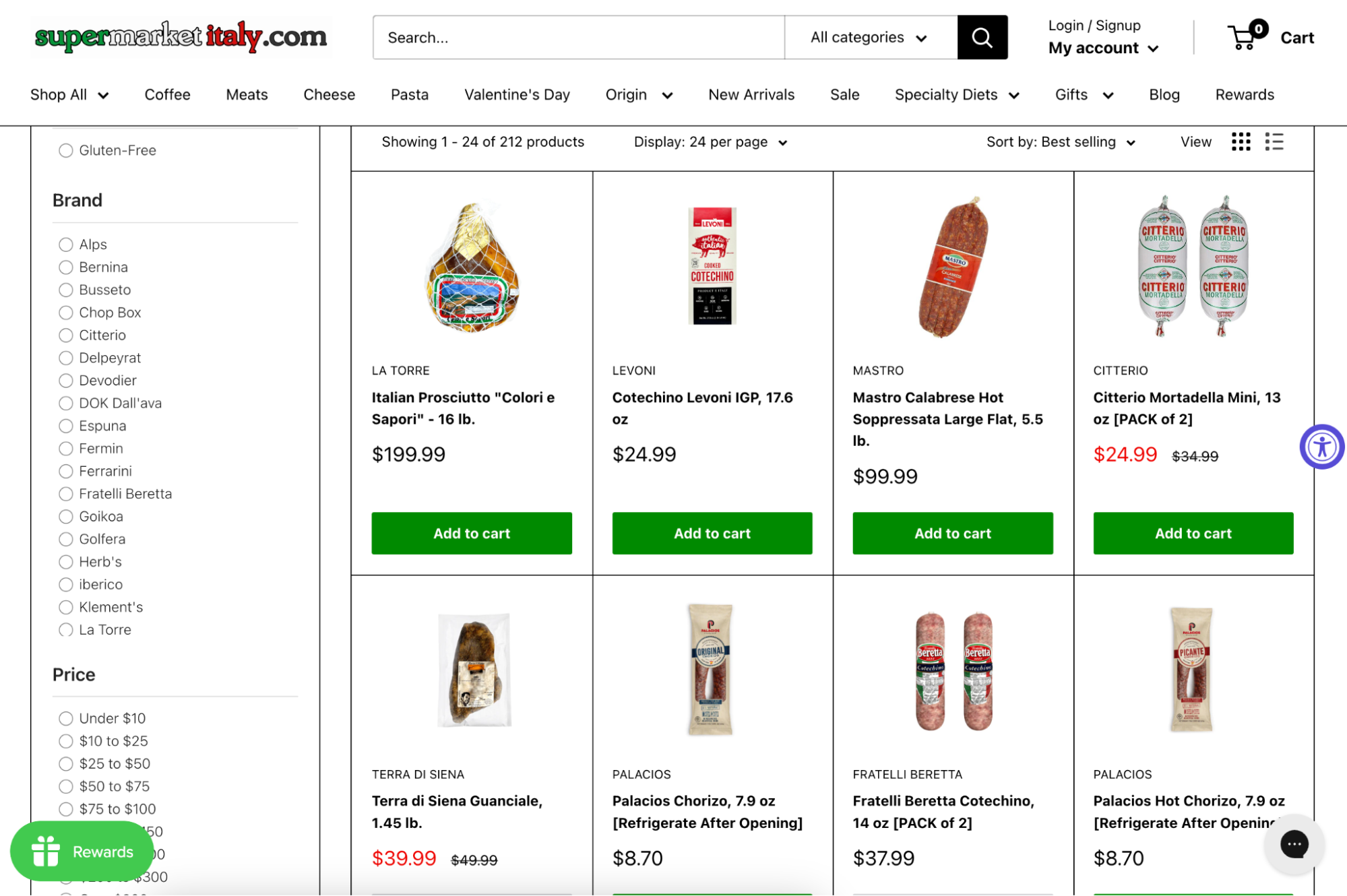 Screenshot of category page on Supermarket Italy’s website