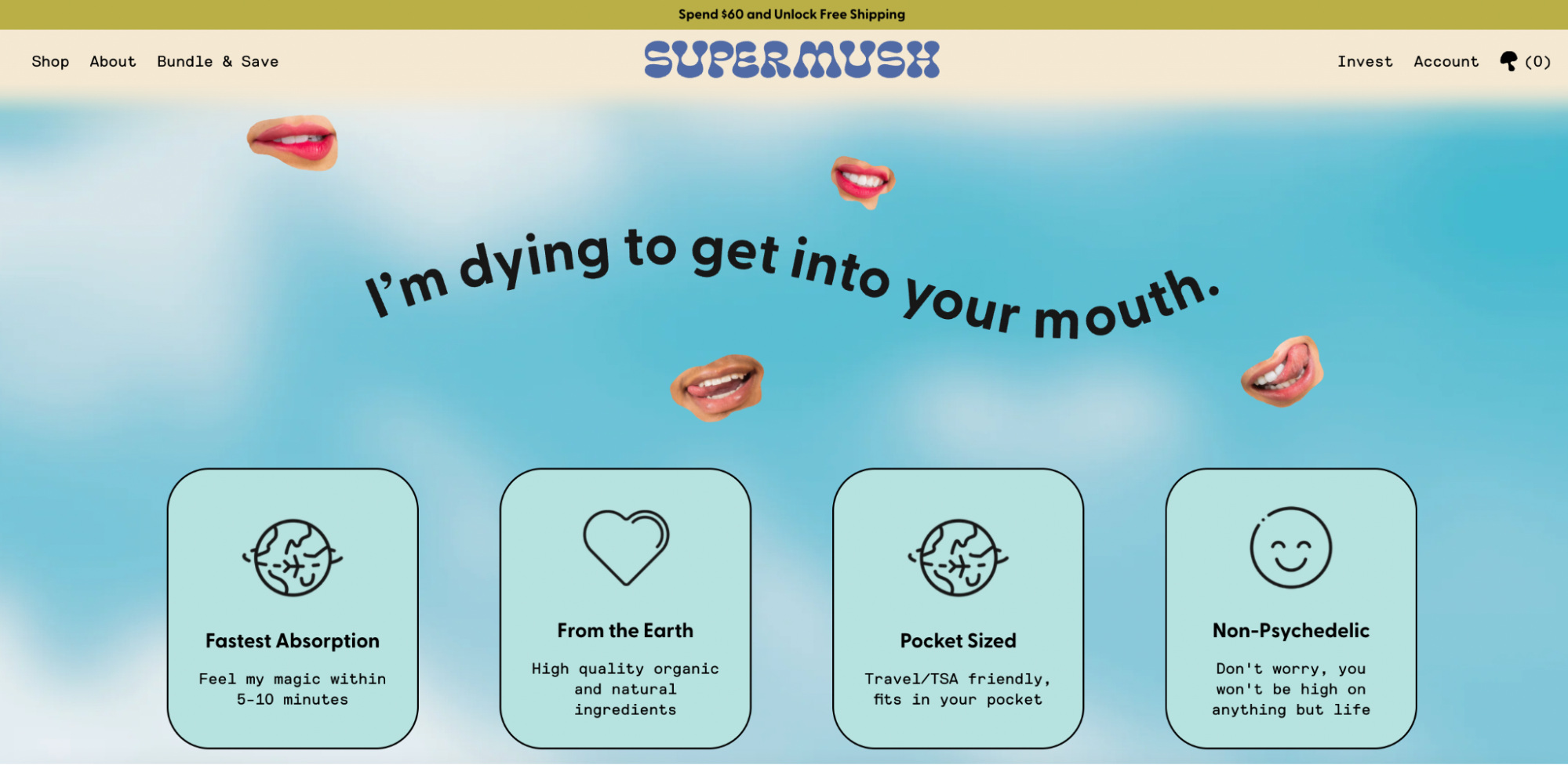 Screenshot of Supermush’s website with four boxes that highlight the benefits of its products on a pale blue background.