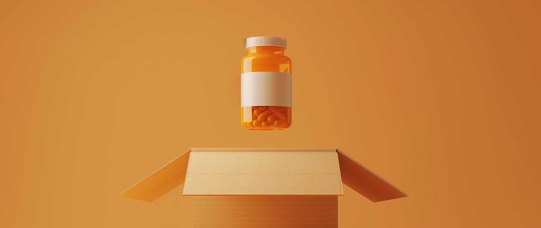 A pill bottle suspended over a shipping box on an orange background.