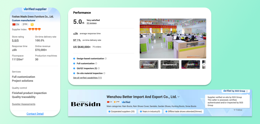 Verified Alibaba supplier banners and widgets, showing confidence metrics such as response time and rate of on-time deliveries.