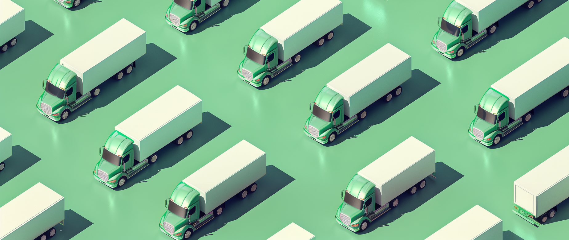 Rows of box trucks on a mint green background.