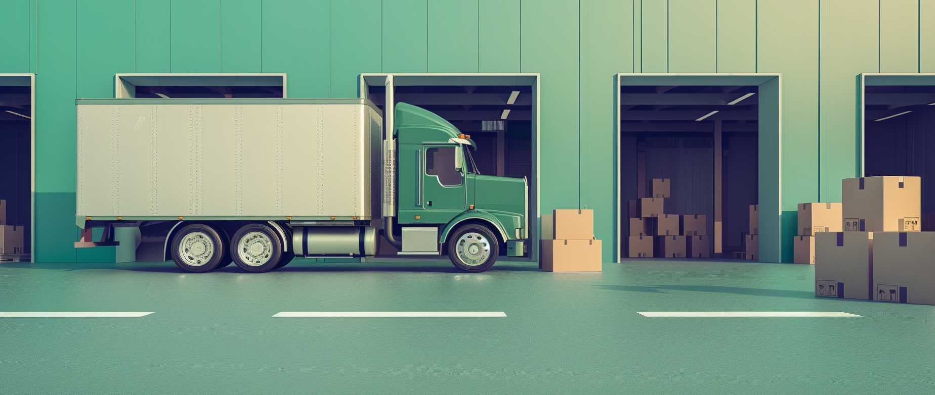 A green and grey truck at a warehouse surrounded by shipping boxes.
