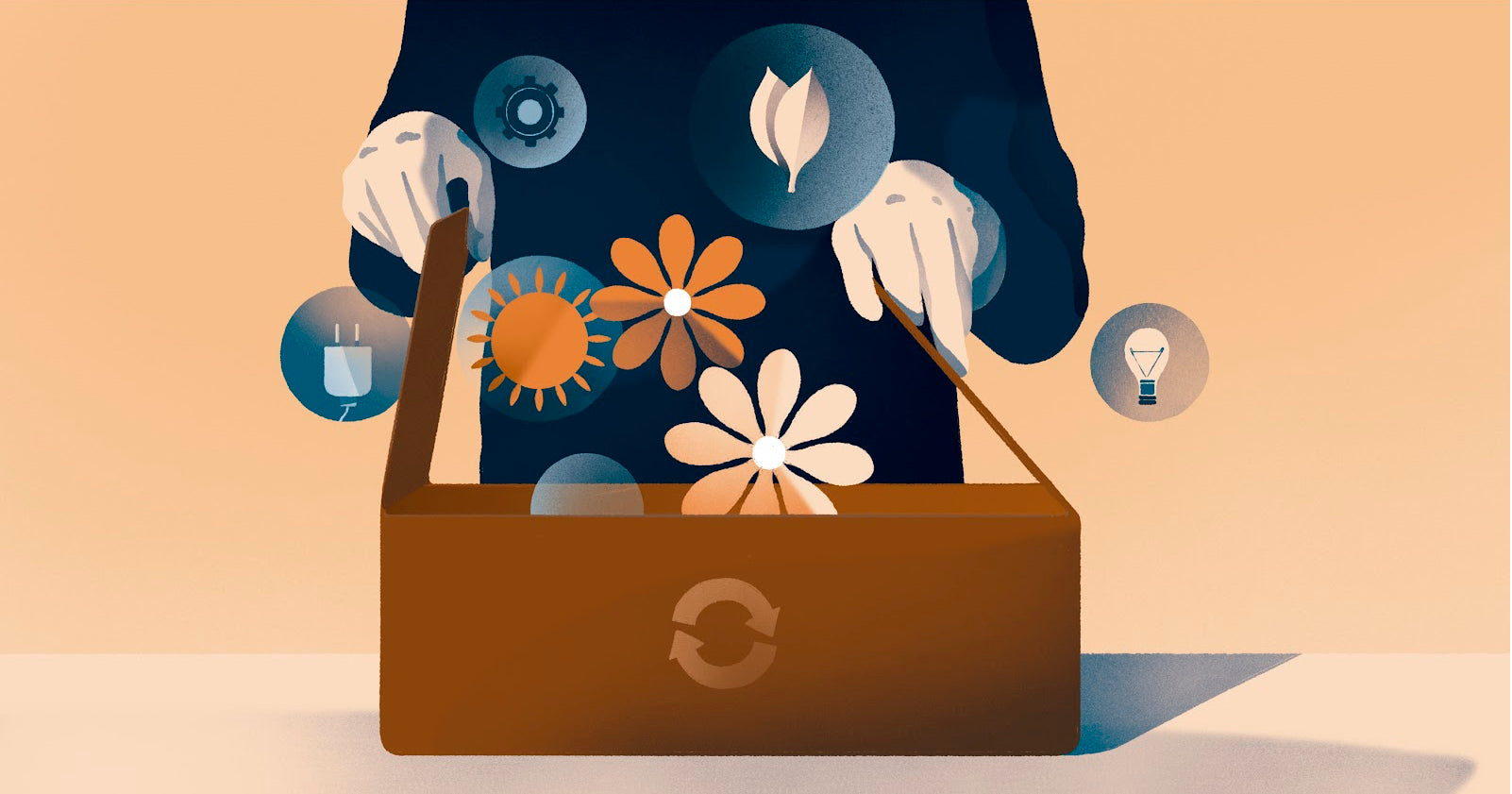 Illustration of a person opening a box and sustainability symbols are floating out