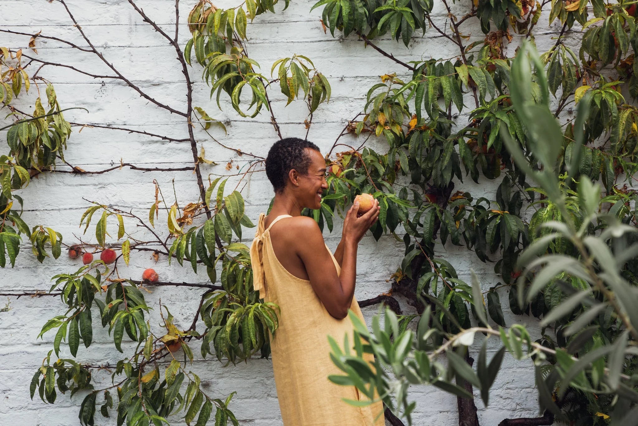 A woman wearing a yellow dress tastes fruit picked from a tree