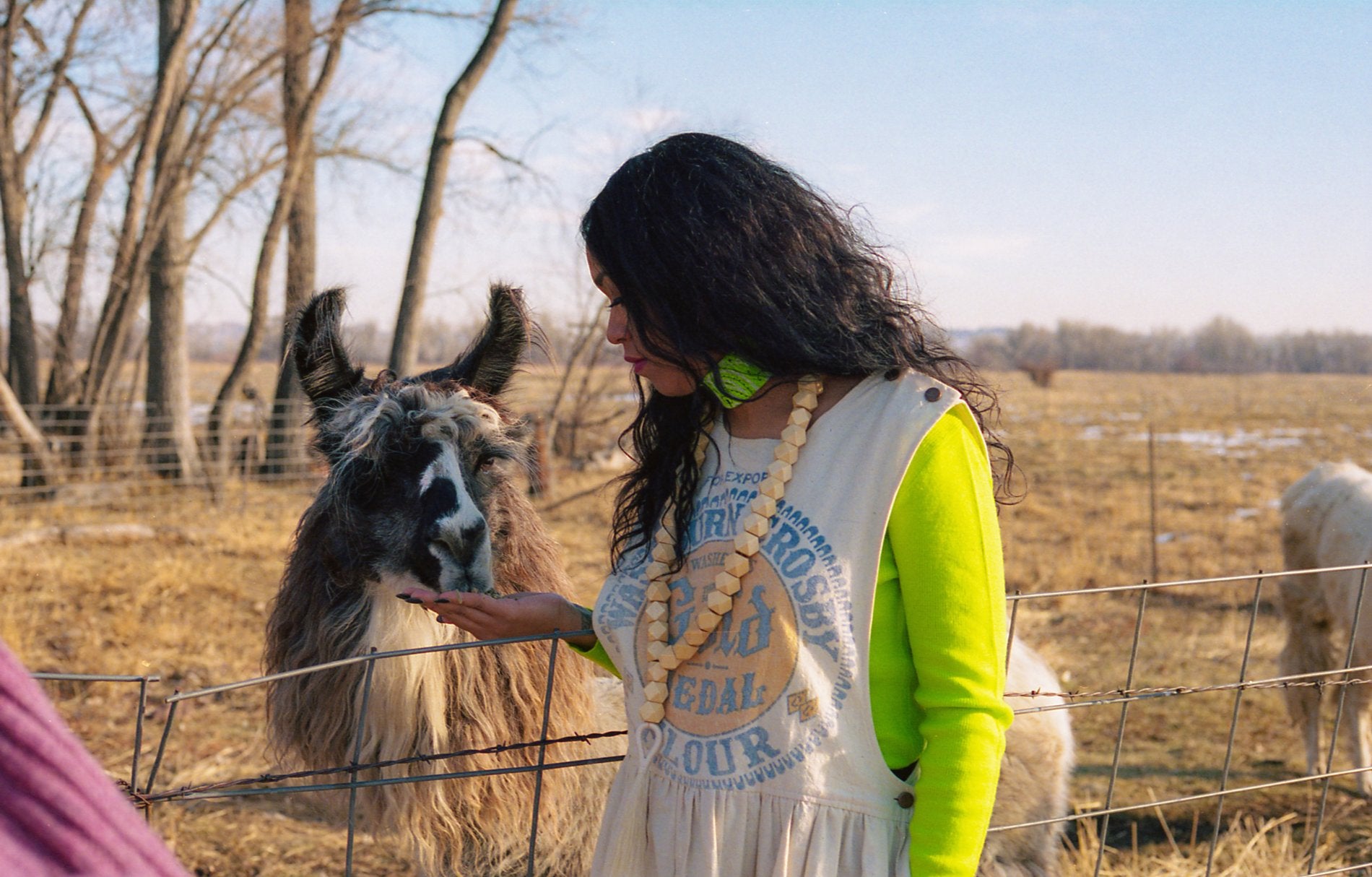 A person wearing reclaimed clothing pets a llama in a desert setting