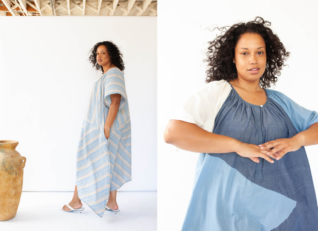 A two pane image of the same person wearing different dresses from a sustainable clothing brand