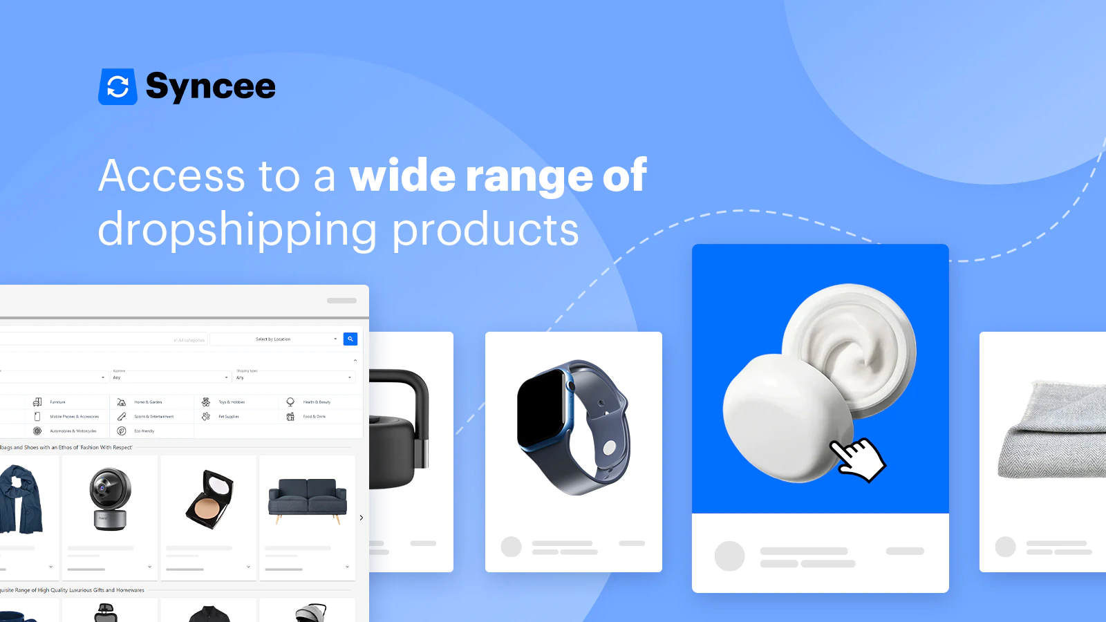Collage of product images including a smartwatch, cosmetic cream, and sofa.
