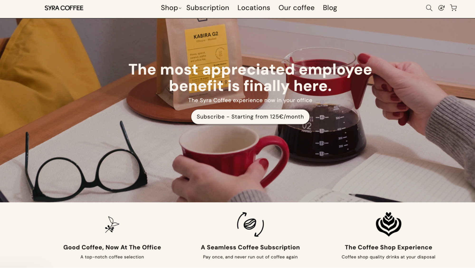 Landing page for a B2B coffee subscription for employees.