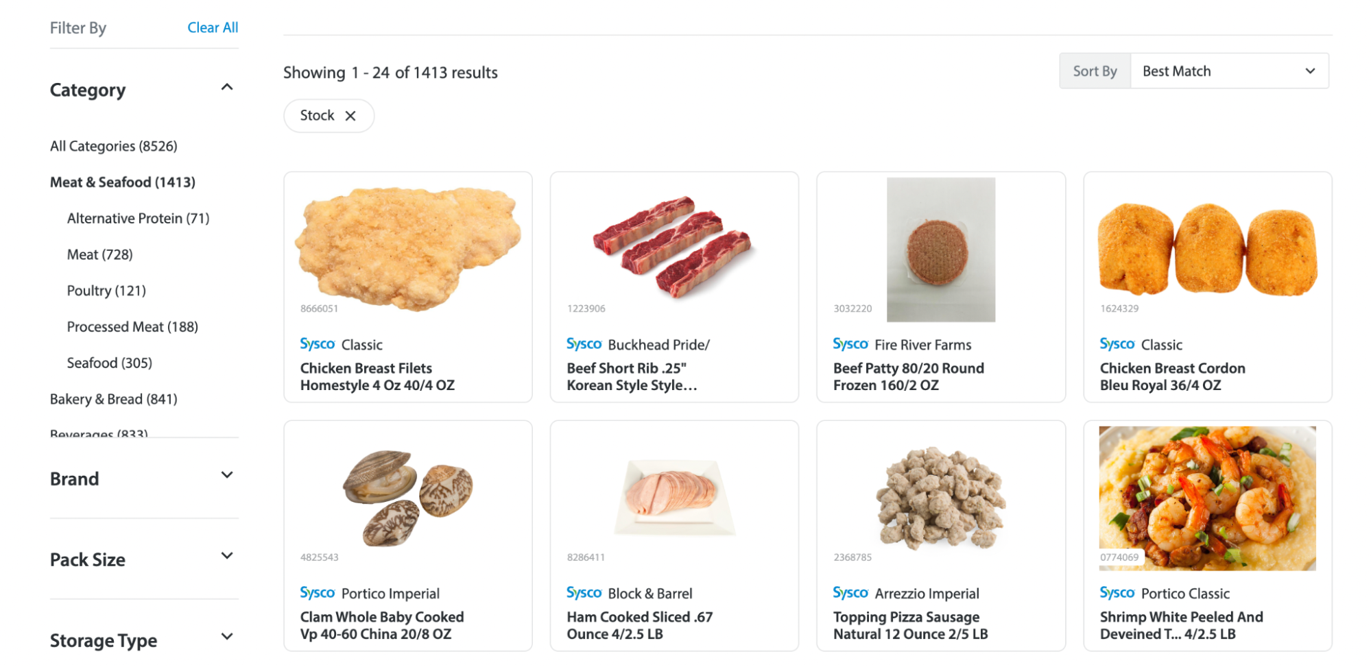 Sysco’s wholesale website, selling meat and seafood products.