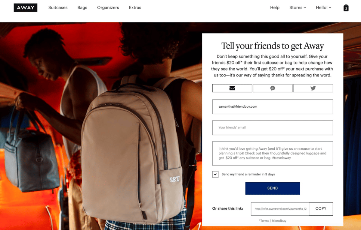 Screenshot from luggage brand Away showing a referral form where customers can send a recommendation to friends and claim a $20 discount on their next order.