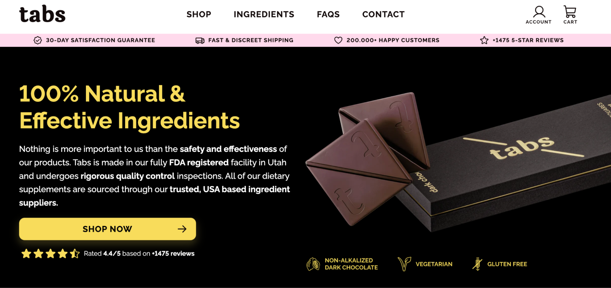 Tabs’ landing page explains the ingredients in its chocolate bars.