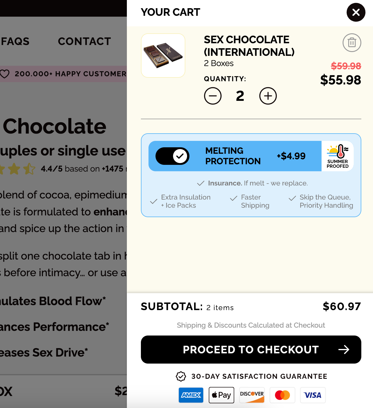 Tabs’ option for “melting protection” insurance for chocolate order with faster shipping.