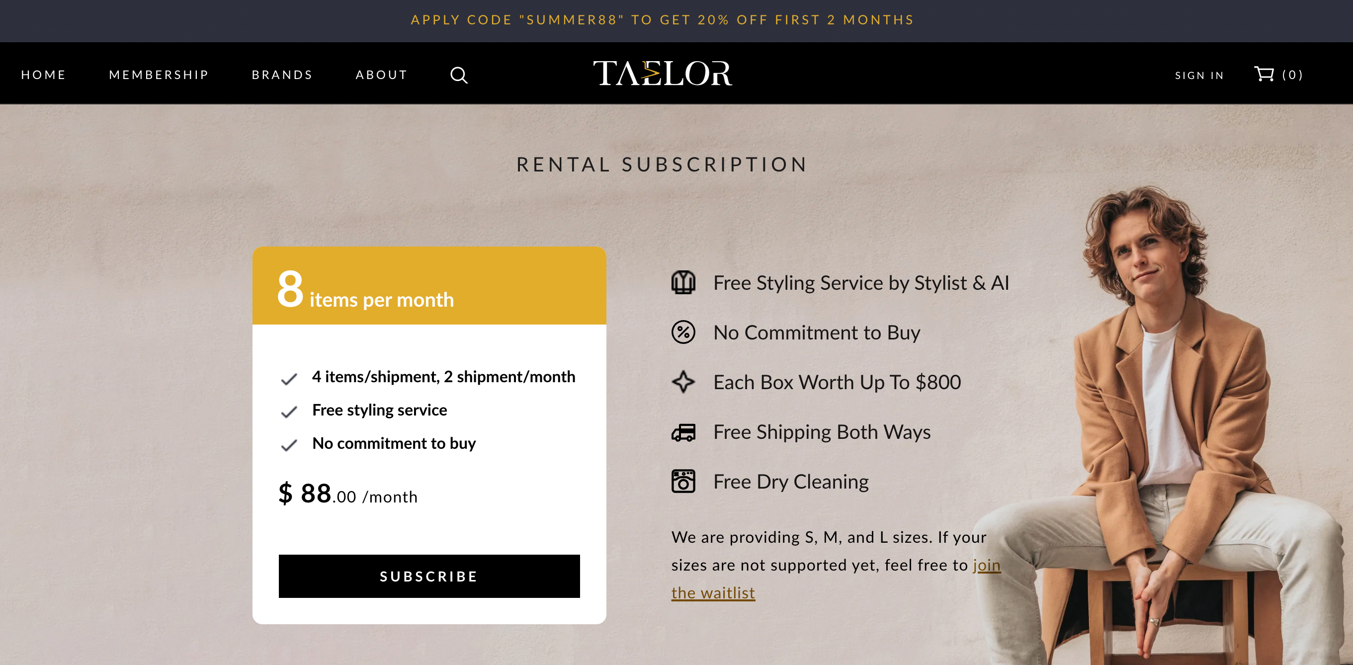 Screengrab of menswear brand Taelor's website explaining features 