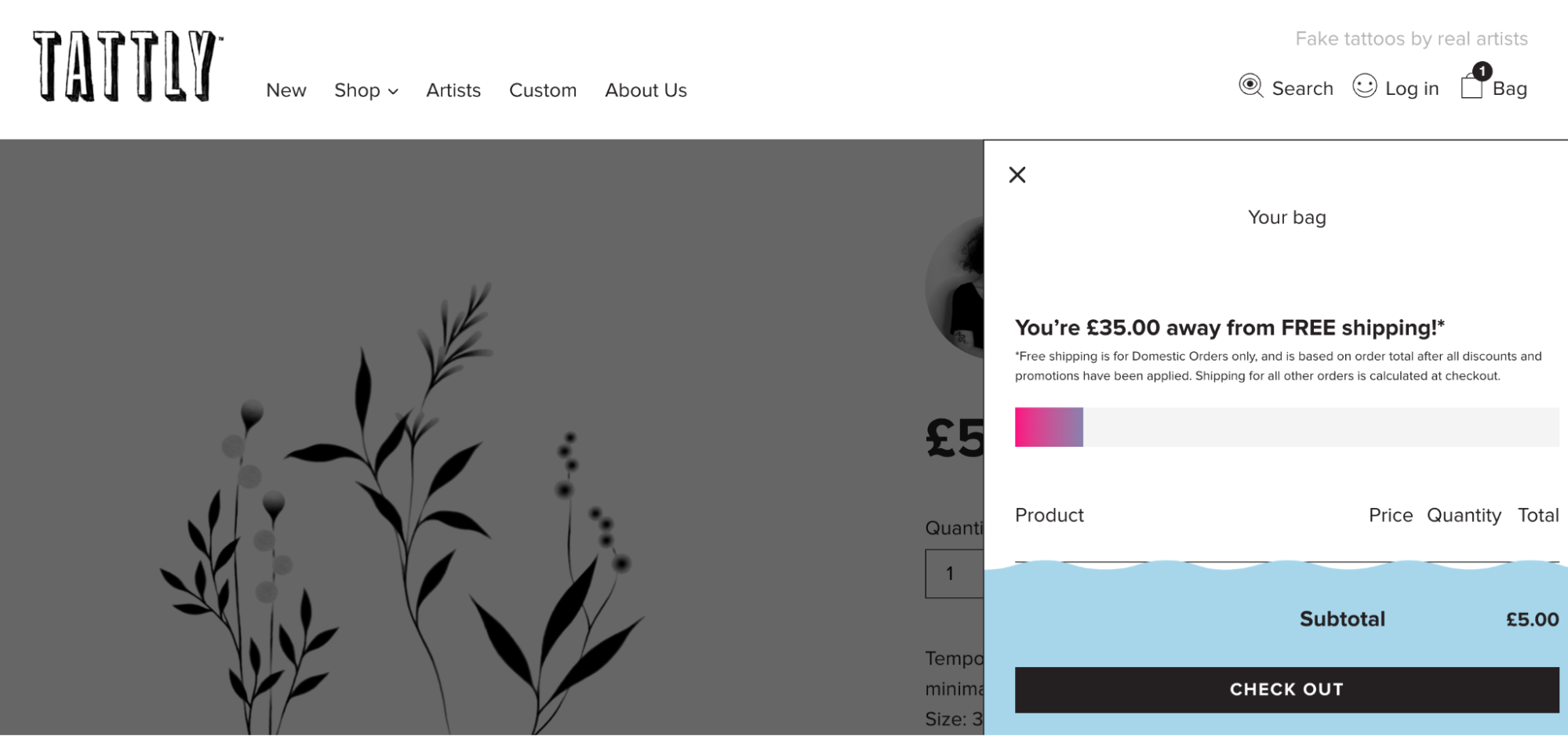 Tattly website UI that encourages people to spend £40 to qualify for free shipping.