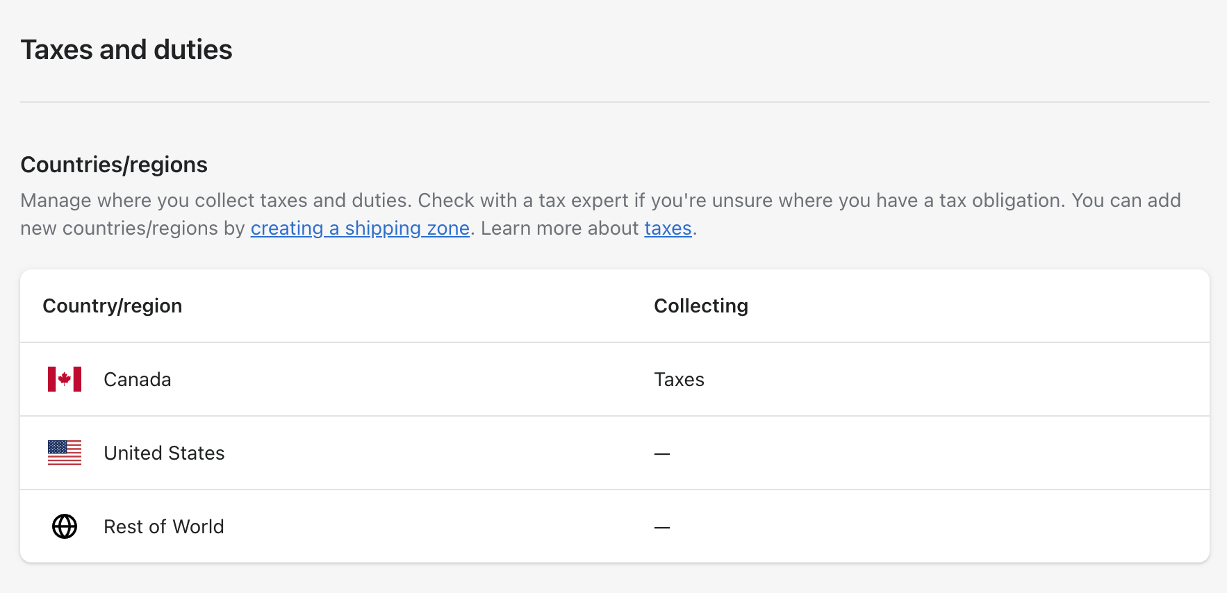 Tax settings in Shopify dashboard