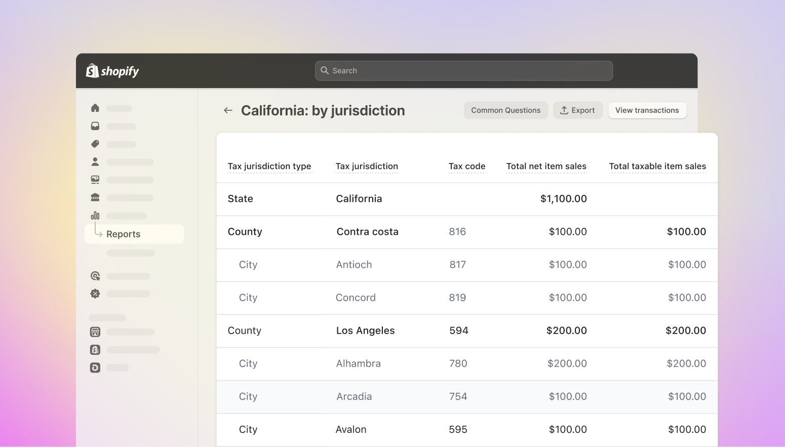 A screenshot of Shopify Tax reports