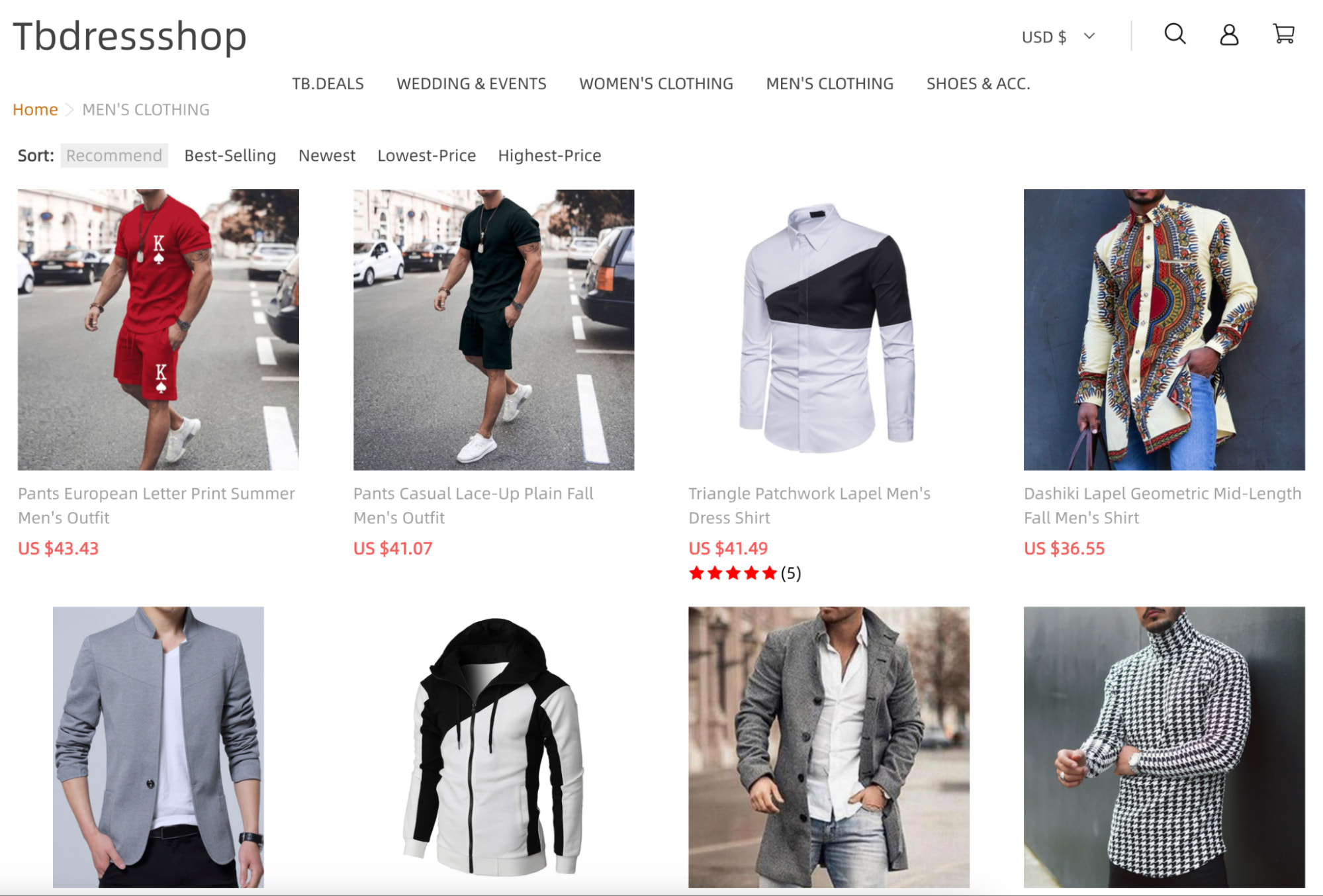 Image of Tbdresshop website showing men’s clothes at cheap prices