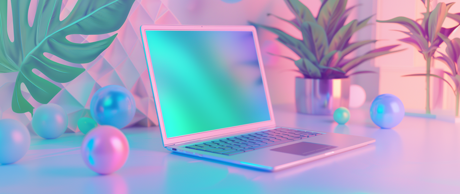 An open laptop on a table with decorative balls and plants and colorful lighting.