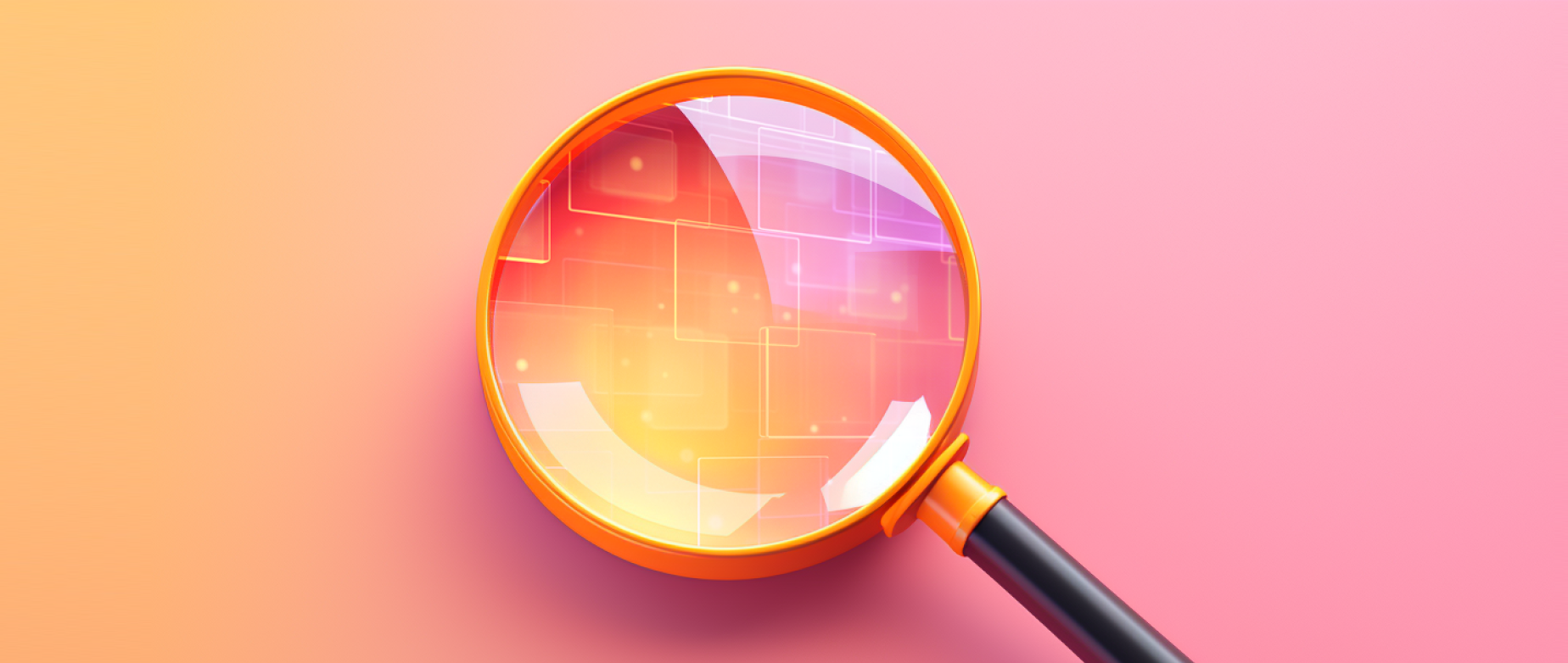 A magnifying glass examining technology on a pink orange background.