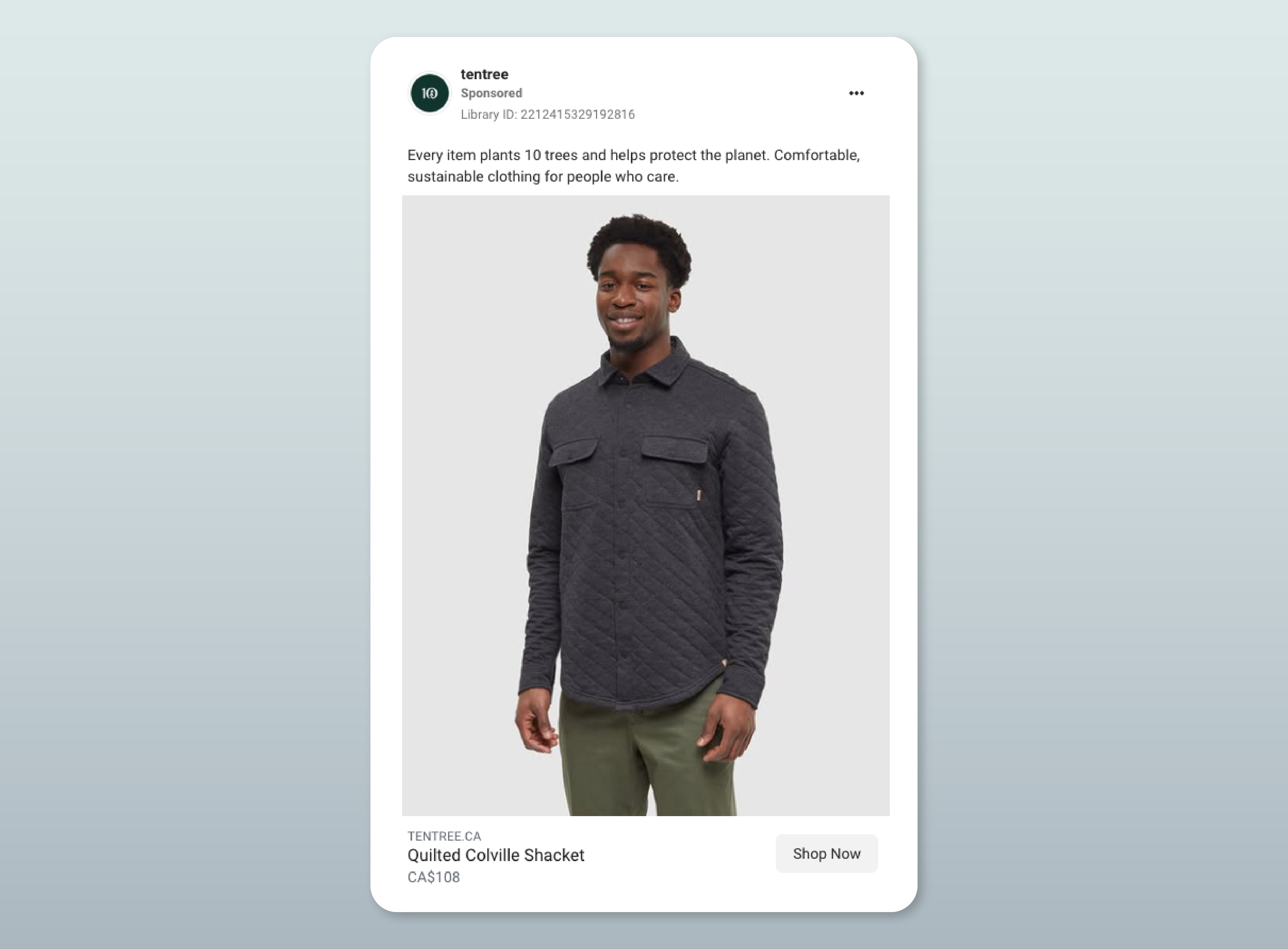Screenshot of a Tentree ad featuring a man in a quilted jacket.