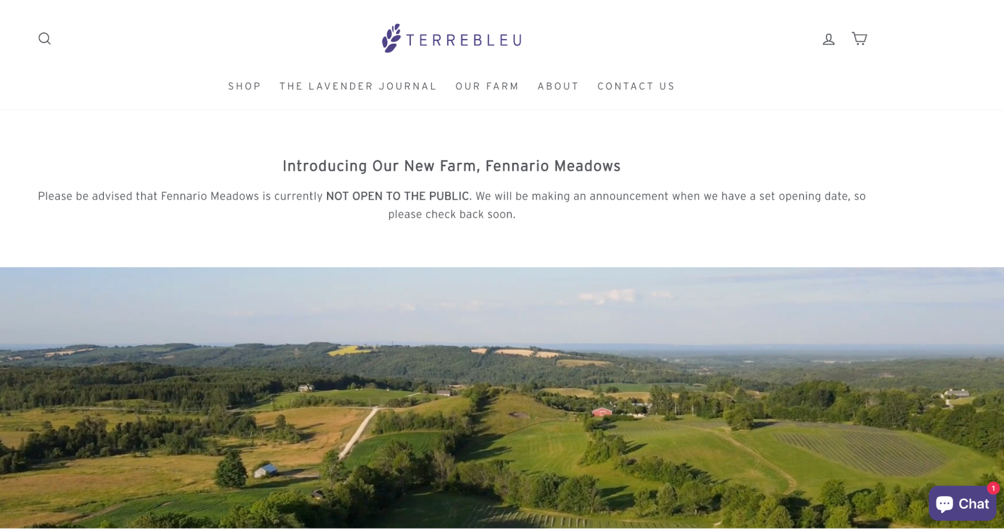 A Terrebleu website landing page including an aerial landscape photo of rolling hills and woodland.