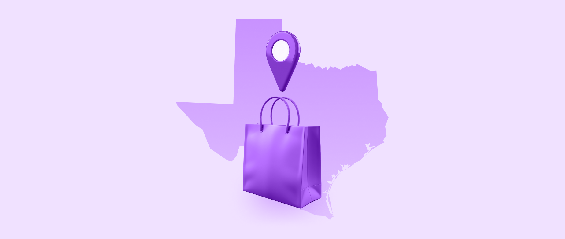 A purple Texas state outline with a location icon and shopping bag on a light purple background.