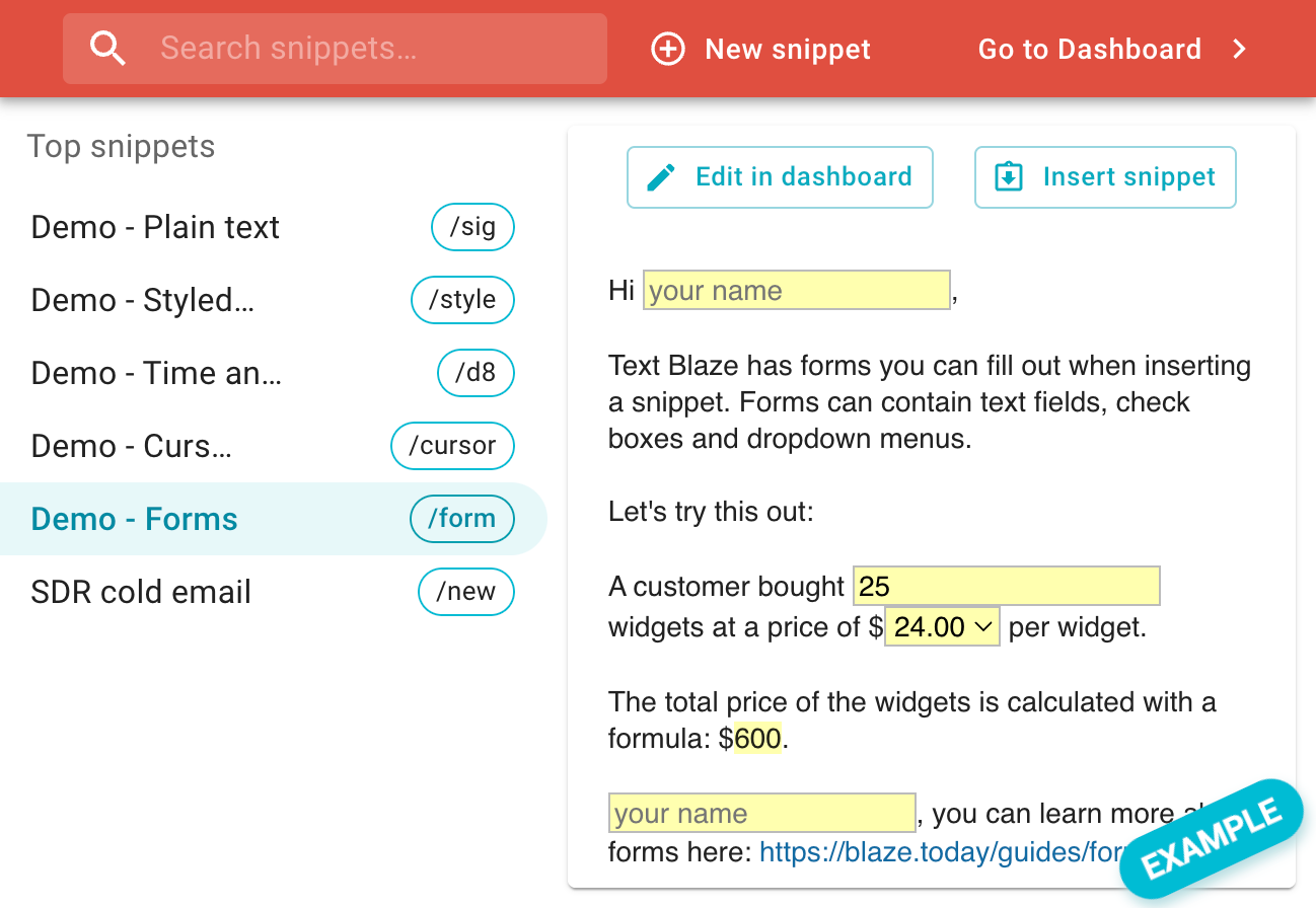 Text Blaze demo with a forms snippet using placeholders and editable fields for personalization.