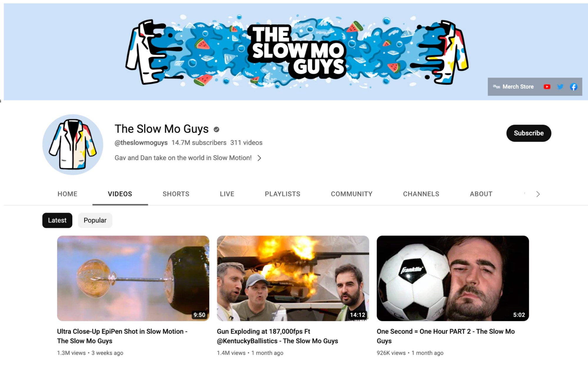 The Slo Mo Guys YouTube channel showing dynamic thumbnails containing fire and animated facial expressions.
