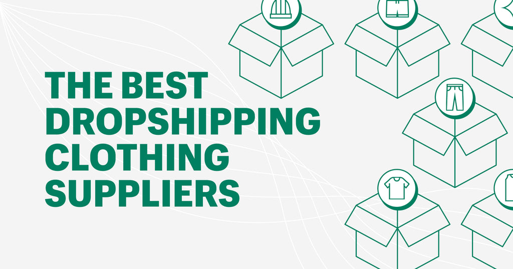 The words, the best dropshipping clothing suppliers next to boxes with icons above them