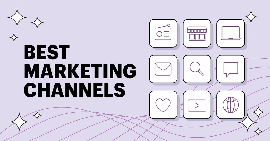 The words best marketing channels next to a grid of different icons on a purple background