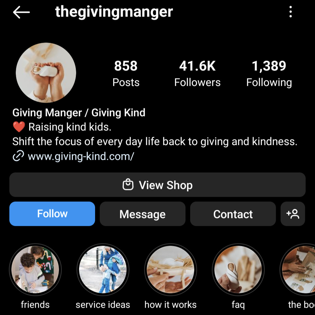 screenshot of The Giving Manger Instagram bio