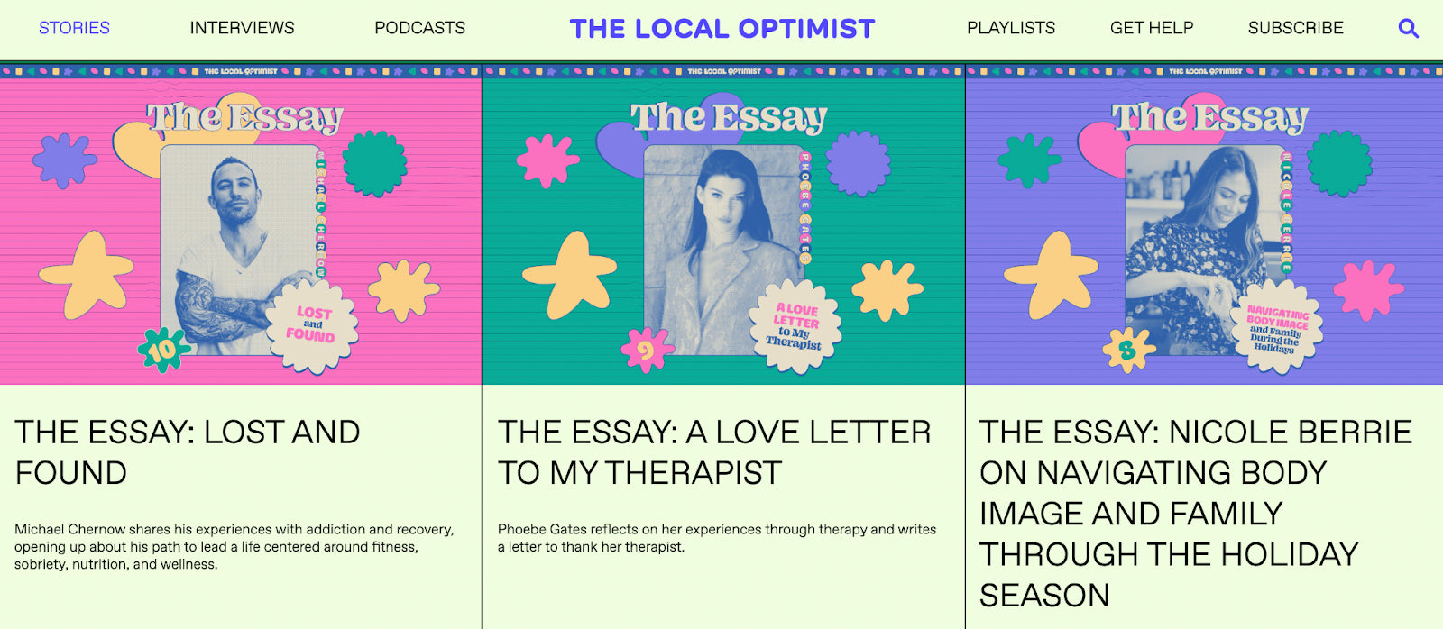 A screenshot of Madhappy’s The Local Optimist blog, featuring essays and podcast episodes