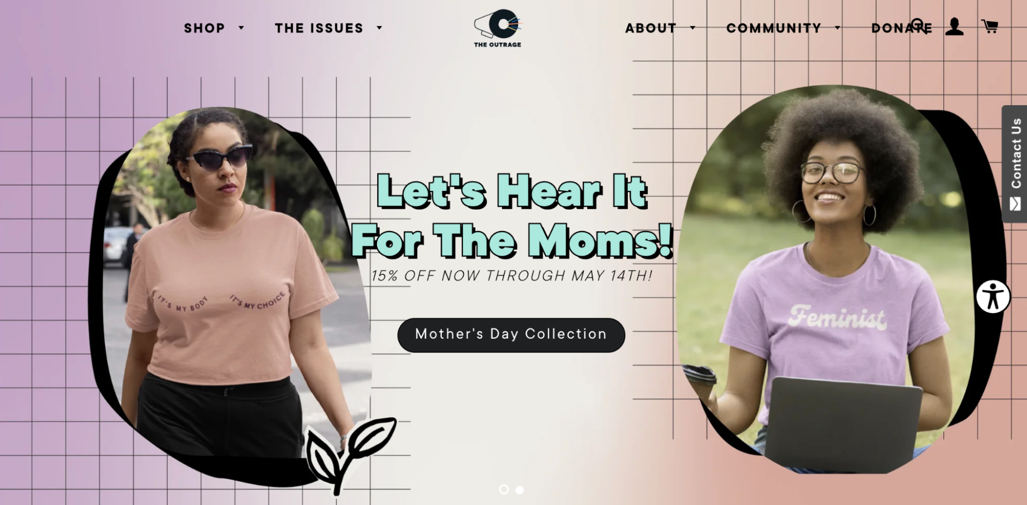 The homepage of The Outrage, which uses print-on-demand services to sell activist apparel online.