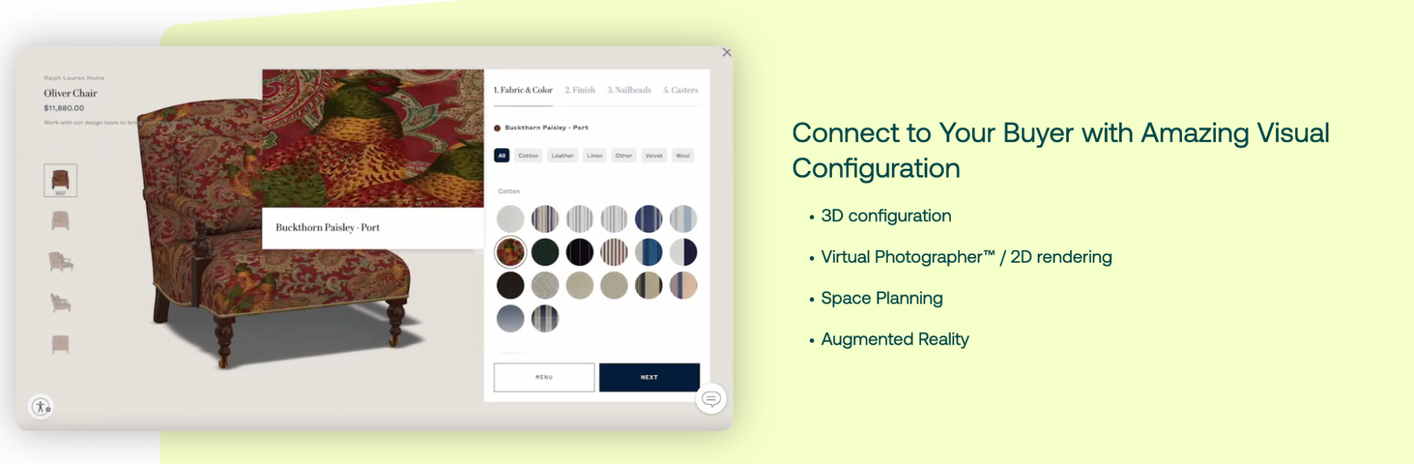 Screenshot of Threekit’s website showing a 3D model of a patterned armchair.