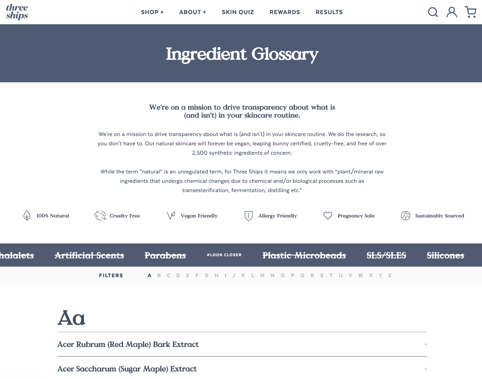 Three Ships’ Ingredient Glossary webpage, with information about the brand’s mission and values.