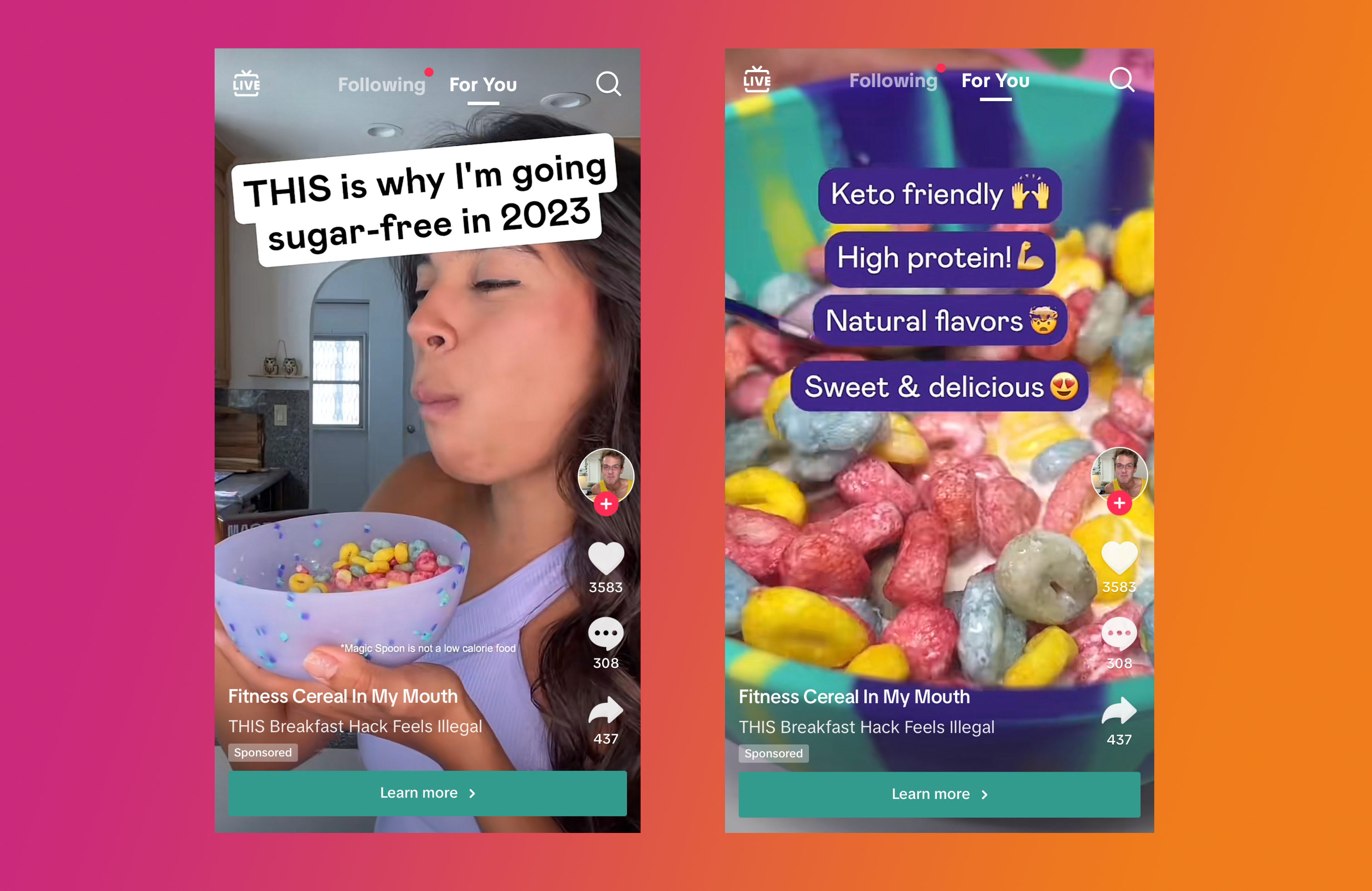 Two side by side panels showing a TikTok ad by Magic Spoon