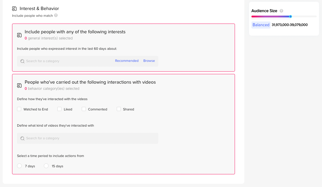 Setting interest and behavior when creating a TikTok ad