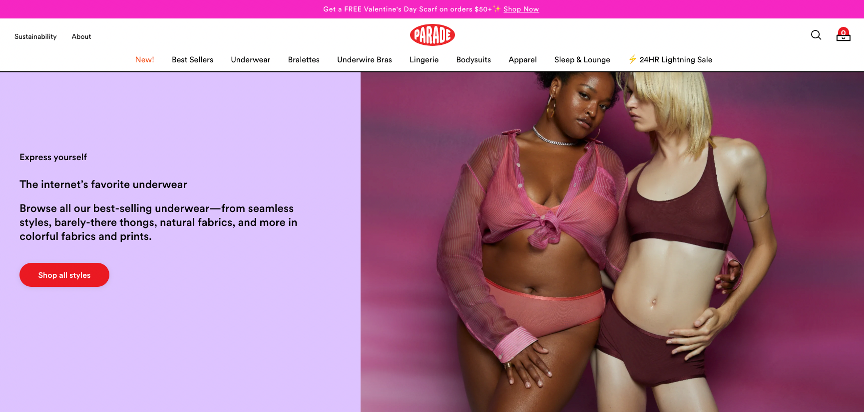 Two women wear Parade intimates on the Parade homepage