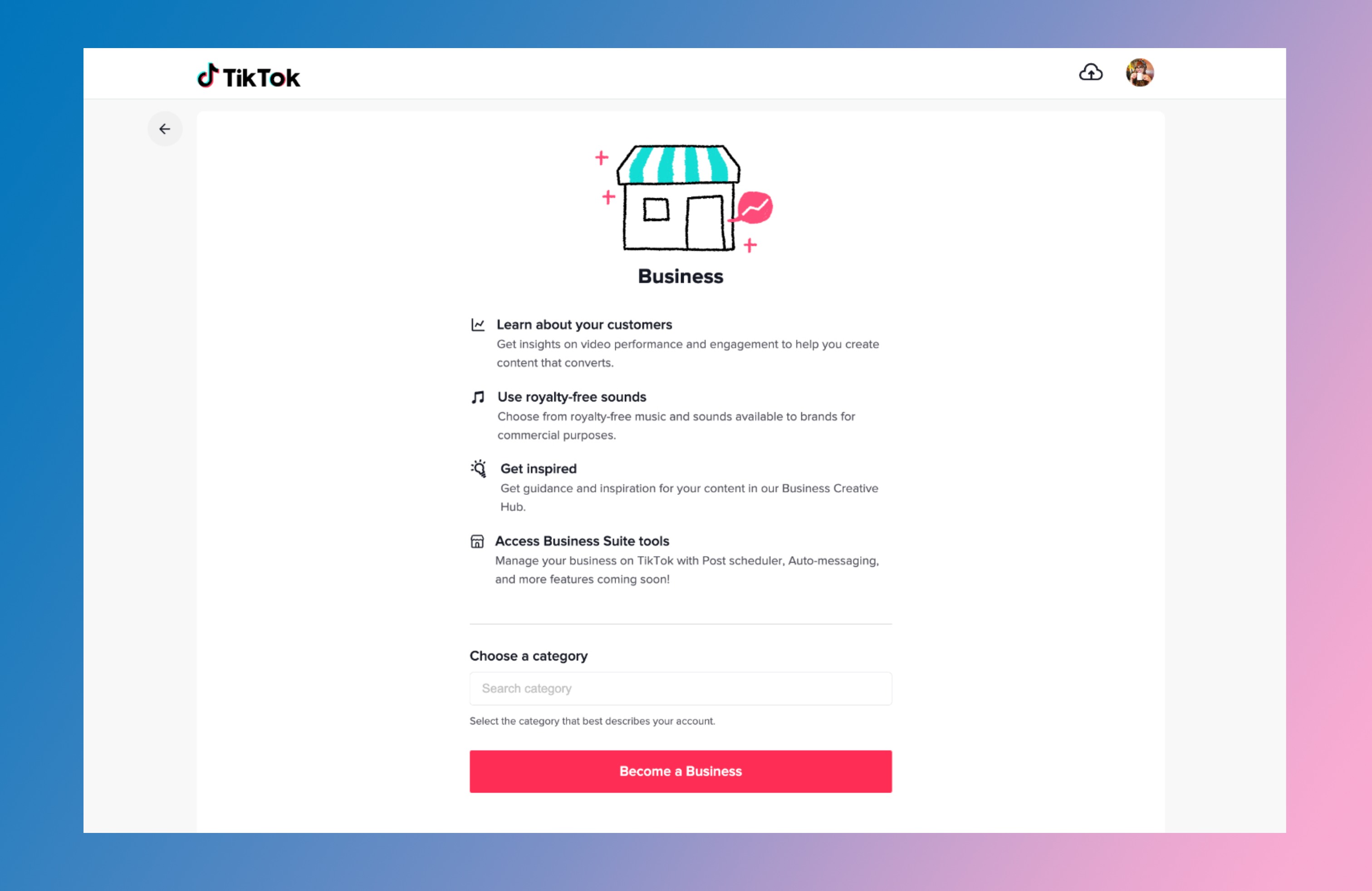 TikTok business account set-up screen
