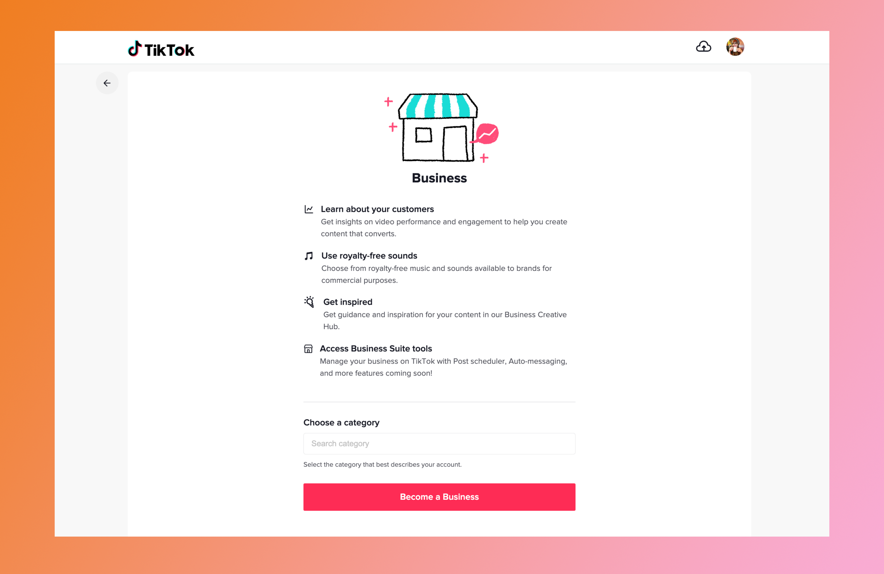 TikTok settings page showing the sign up flow for a TikTok Business Account