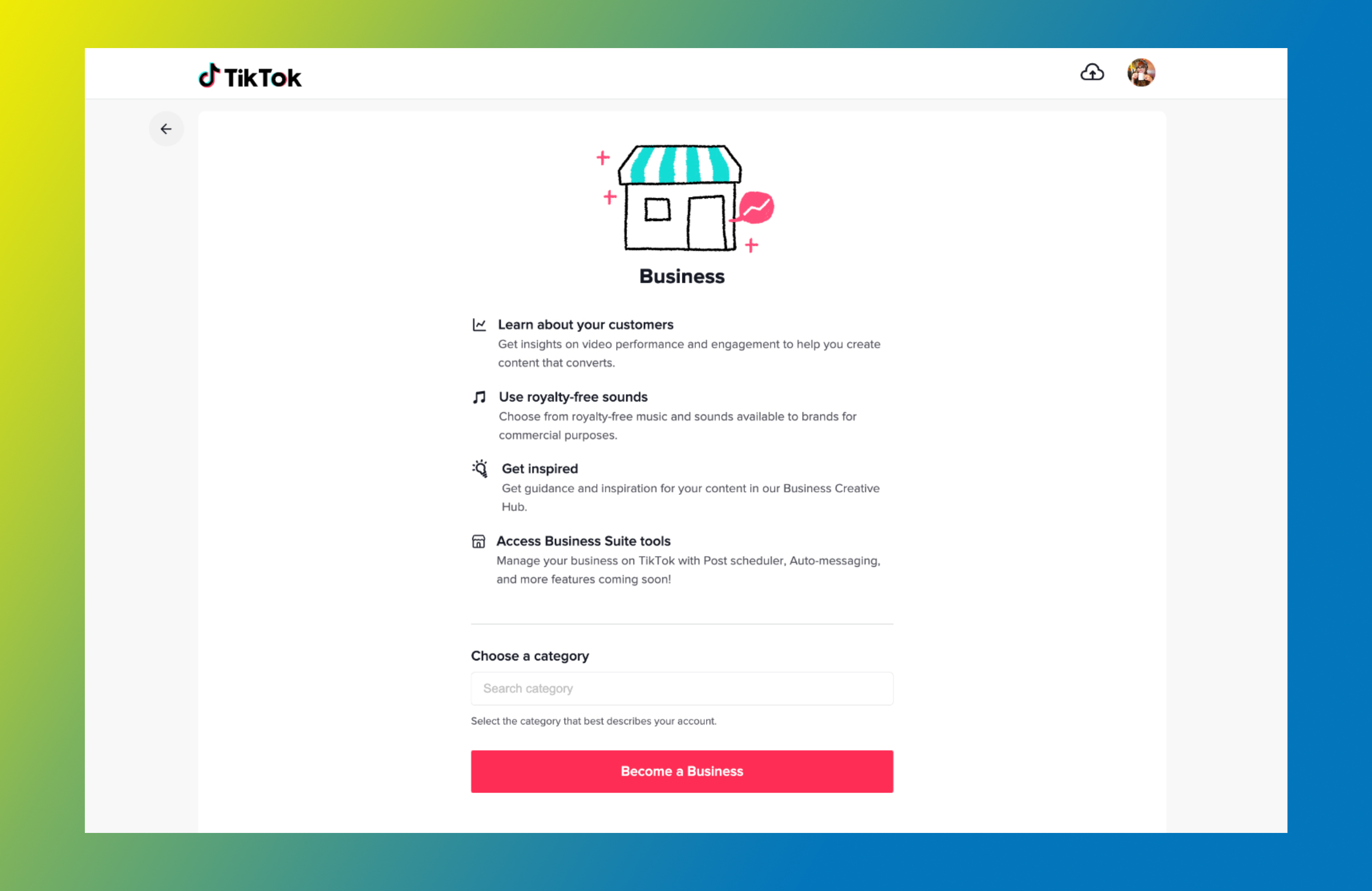 TikTok Business Account registration page