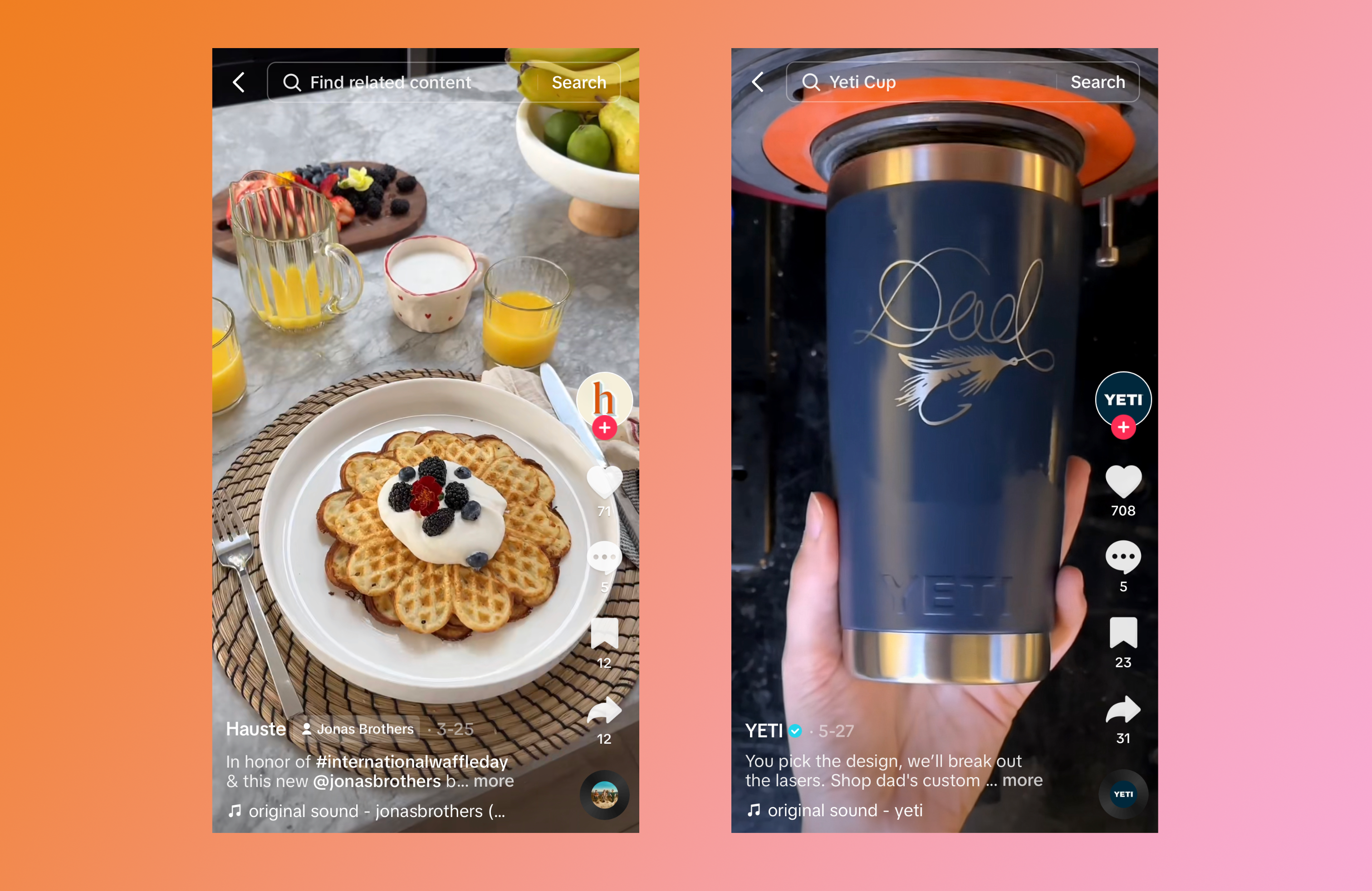 Two side by side panels show examples of timely brand videos on TikTok