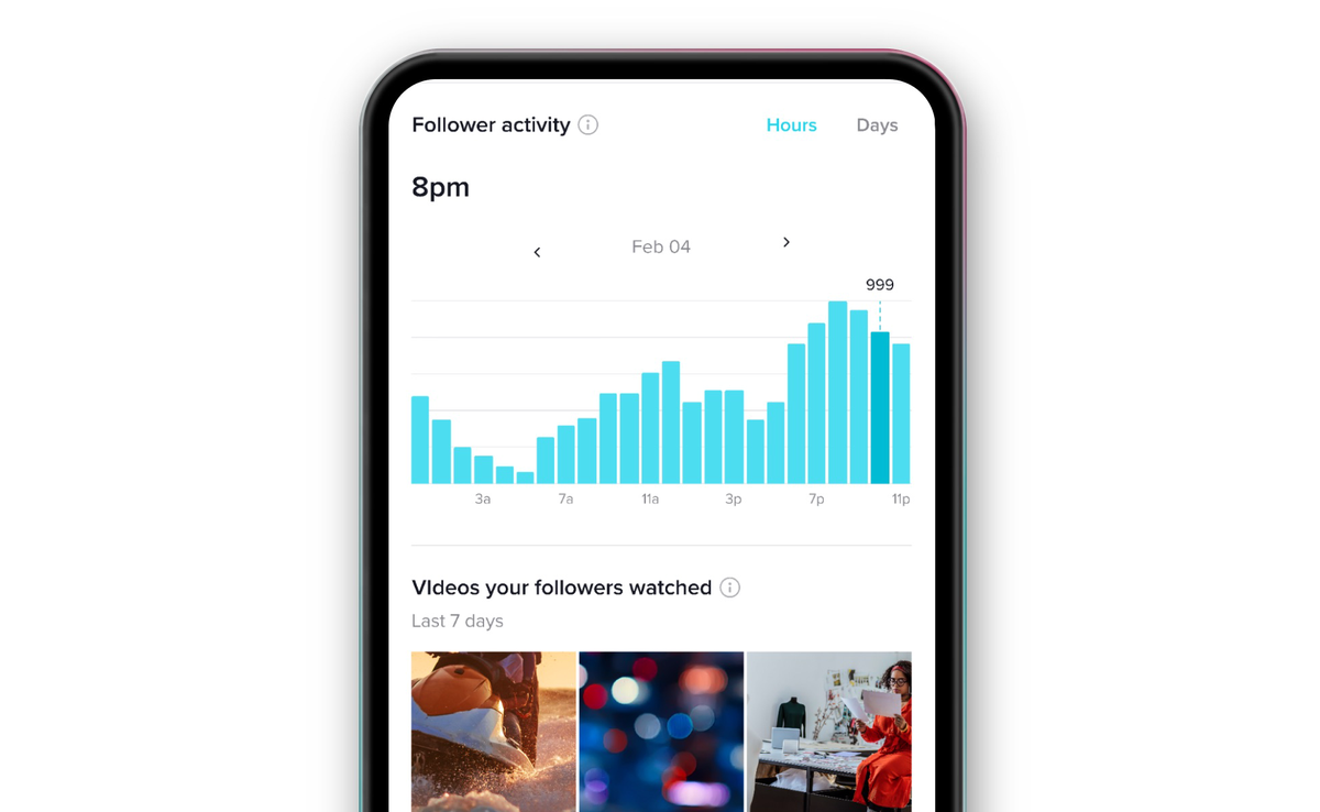 TikTok analytics mobile dashboard, showing follower activity over a day.