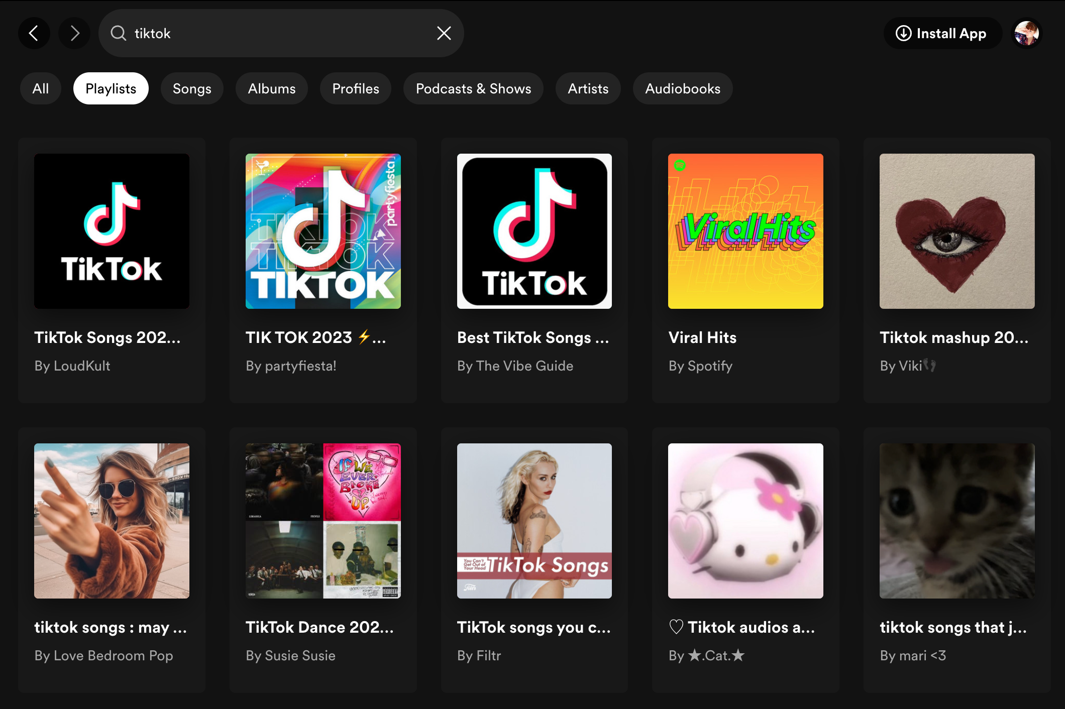 A screengrab of the Spotify UI showing TikTok playlists