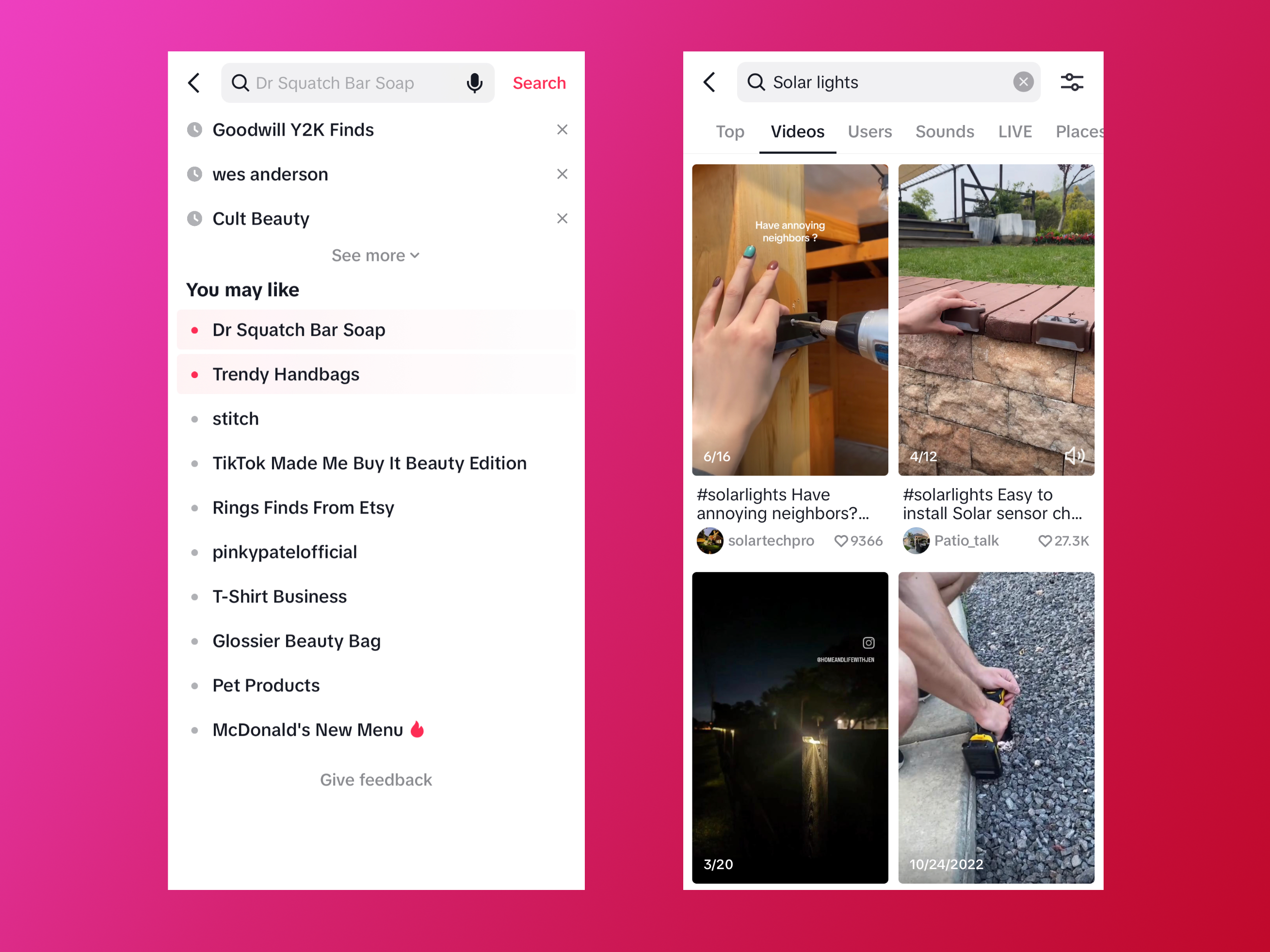 Side by side mobile screen of the TikTok UI showing Discover and search